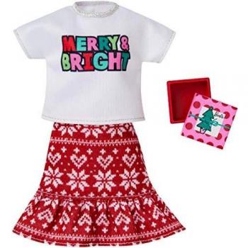 Barbie Mattel GGG52 – Holiday Fashion Merry & Bright, falda con camiseta y paquete de regalo, moda vestido