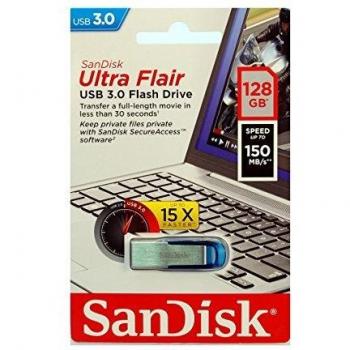 SanDisk Ultra Flair Memoria Flash USB 3.0 de 128 GB con hasta 150 MB/s de Velocidad de Lectura, Color Azul