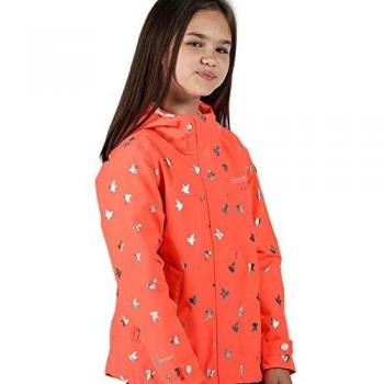 Regatta Bibiana-Chaqueta con Capucha, Impermeable, Completamente Forrada Y con Elementos Reflectantes Jackets Waterproof Shell, Unisex niños, Fiery Coral Foil Bird, 7-8