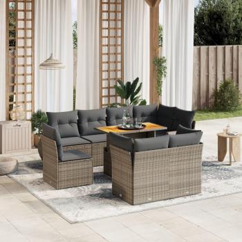 9-Piece Grey Poly Rattan Garden Sofa Set with Cushions
