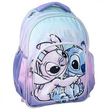 Mochila Escolar mediana Stitch & Angel abrazo 42 cm - Color Lila - 32 x 15 x 42 cm - Cierre de Cremallera - Asa Ajustable - Mochila Resistente y Duradera - Producto Original Dise