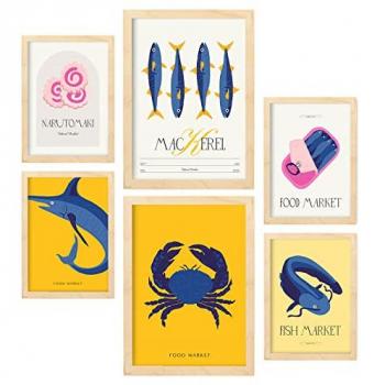 Set de 6 Posters de Productos del Mar y Naturaleza con Marcos Color Madera - Decoración Interior en Tamaños A3 y A4