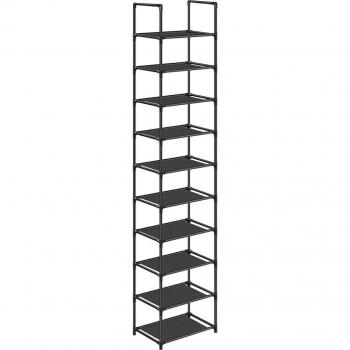 Zapatero vertical de 10 estantes, diseño estrecho de 33x33x173 cm, marco de metal y baldas de tela, ideal para pasillo y dormitorio, color negro