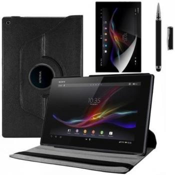 kwmobile 3en1: Funda 360° para Sony Xperia Tablet Z Carcasa con pie de soporte - Funda protectora para tablet bolso con función de soporte en negro + Lámina, transparente + Stylus, negro