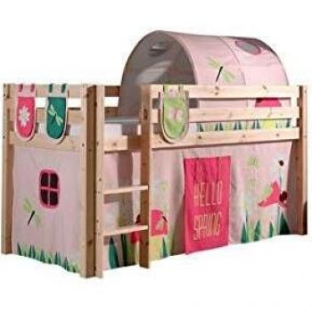 Cama Alta Pino Vipack 90x200 cm, Madera Maciza, Textil Set Spring, Opcional con Tobogán y Túnel para Niños