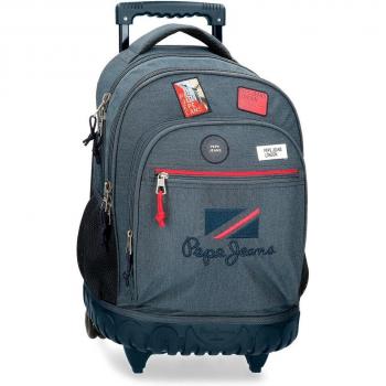 Mochila con ruedas Pepe Jeans Kay 2R para niños, con dos compartimentos y diseño en color gris.