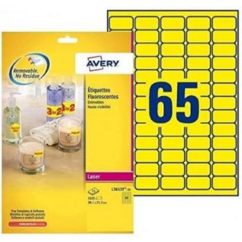 Avery L7651Y-25 - Pack de 25 hojas de mini etiquetas fluorescentes, 38.1 x 21.2 mm, color amarillo