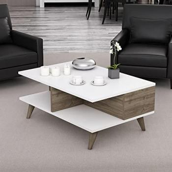 Mesa de Centro Grenaa Aglomerado 39 x 90 x 60 cm Blanco/Nogal con Estantes y Diseño Versátil