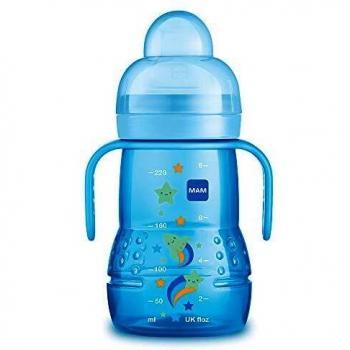 MAM Vaso Trainer D114 - Vaso de Aprendizaje para Bebés a partir de 4 meses, con Tetina antiderrames y Boquilla de Silicona ultrasuave, Asas y Tapa Protectora - 220ml - Azul