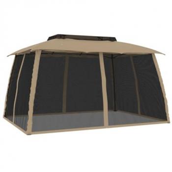 Cenador de doble techo con paredes de malla, acero taupe, dimensiones 3,93x2,93 m