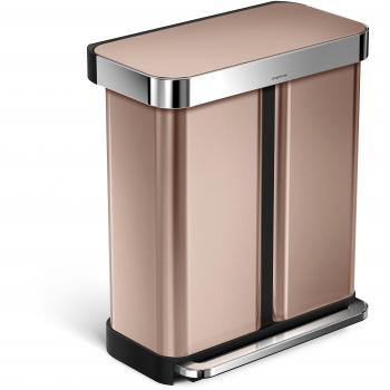 simplehuman – Liner borde Dual Cubo rectangular Recycler con Pocket, acero inoxidable, Rose Gold Stainless Steel,