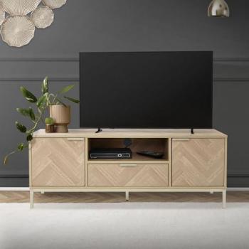 Mueble de TV 120 cm con Dibujo de Espiga, 2 Cajones y Marco de Metal Dorado, Diseño Moderno para Televisores de hasta 55 Pulgadas