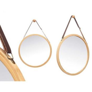 Espejo redondo de pared nórdico de 38cm con marco de bambú natural y correa de cuero, diseño moderno y elegante para baño, salón, comedor, recibidor y vestidor
