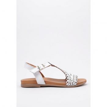 Sandalia Plana Mujer Blanco Cuero Genuino Tacón Plano TOP3 23496