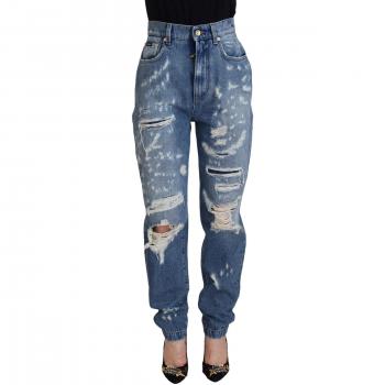 Dolce & Gabbana Blue Washed Cotton Tattered Denim Jeans - IT36|XXS, Loose-fit, female, Size: 3XS, Blue Tattered Denim Pants with Zipper Closure