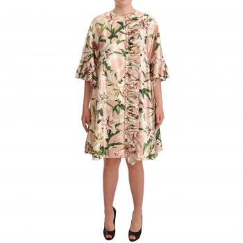 Dolce & Gabbana Pink Lily Print Ruffled Long Coat Silk Dress - IT42|M, Multicolor, Size: S