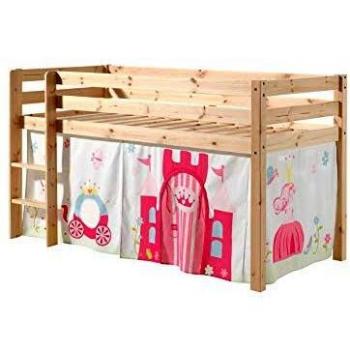 Cama Altillo Pino 90x200 cm con Tienda Princesa y Textil Incluido, Madera Maciza Natural