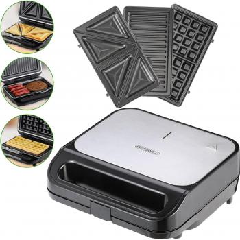 Parrilla Eléctrica 3 en 1 XXL Negra/Plata 1000W con Placas Intercambiables Antiadherentes y Libre de BPA