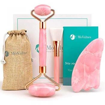 Original Jade Roller and Gua Sha Massage Tool - Jade Face Roller - Face Roller: 100% Natural Rose Quartz - Face Massager, Facial Roller for Skin, Eyes, Neck - Authentic, Durable, Noiseless Design