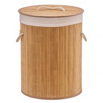 Cesto de Ropa Sucia de Bambú 35x35x50 cm con Tapa, Compartimento Cubo Plegable, Asa de Cuerda, Bolsa Interior Extraíble, Diseño Redondo y Organizador para Lavandería