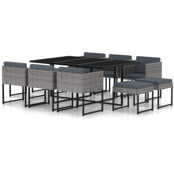 11-Piece Gray Poly Rattan Garden Dining Set with Cushions