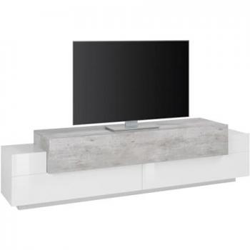 Mueble de TV Lowboard Coro 200 cm, diseño en blanco y gris cemento, con 3 compartimentos y 2 puertas Push-to-Open