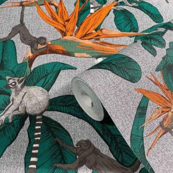 Papel de pared Noordwand Topchic Monkey Jungle Leaves verde y gris