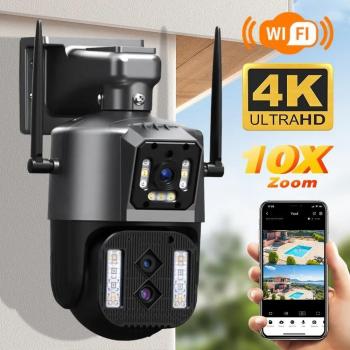 Cámara IP WiFi Exterior PTZ 12MP 6K con Tres Lentes, Pantallas Dobles, Zoom 10X, Seguimiento Automático, Impermeable y Protección de Seguridad 4K