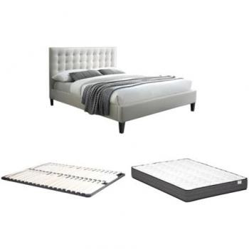Cama 160 x 200 cm CHIARA con cabecero capitoné de tela beige + somier + colchón