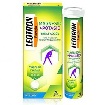 LEOTRON Magnesio + Potasio - 30 comprimidos efervescentes - Triple acción: Tono muscular, calambres y colágeno - Agradable sabor a naranja - Envase para 30 días. A partir de 12 años.