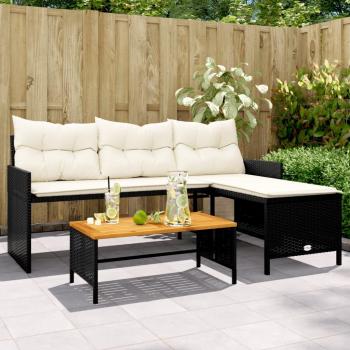 vidaXL L-Shaped Garden Sofa with Table and Cushions - Black Poly Rattan