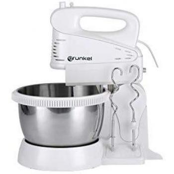 Grunkel – AM-25 SET - Batidora de Varillas Amasadora con Bol, 5 velocidades y Varillas para Mezclar y Amasar. Bol giratorio de Acero Inoxidable, Perfecta para Panadería y Repostería - Blanco