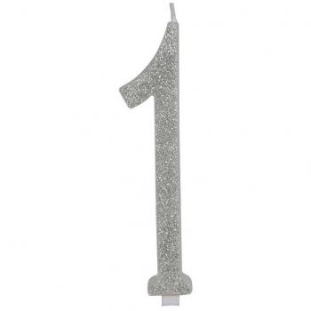 Vela Escarchada Plata Número 1, de 12.5 cm