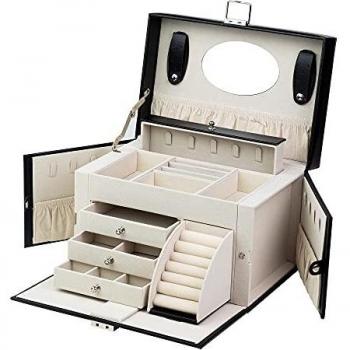 ADEL DREAM Joyero grande, con cerradura, con espejo, para anillos, pendientes, regalo, negro