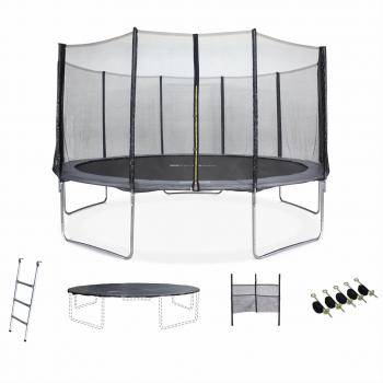 Cama Elástica Neptune XXL 460cm Gris con Red de Protección, Escalera, Cobertura, Red para Zapatos y Kit de Anclaje - Calidad PRO Normas EU