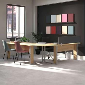 Pack 2 Escritorios 120 Cm con Separador y Tablero Esquinero en Melamina, Patas de Metal, Color Madera Claro y Gris