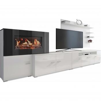 SelectionHome - Mueble salón comedor con chimenea eléctrica, acabado Blanco Mate y Blanco Brillo Lacado, medidas: 290 x 170 x 45 cm de fondo