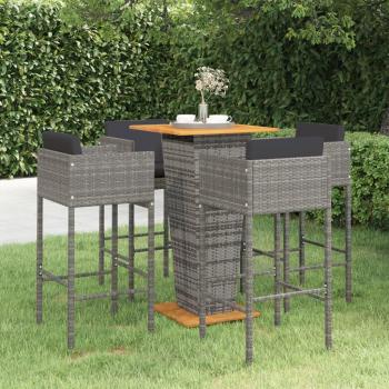 Set de muebles de bar para jardín 5 piezas con cojines de ratán sintético gris