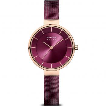 Reloj Bering Mujer Solar Acero Inoxidable Milanesa Púrpura 5 ATM 31mm