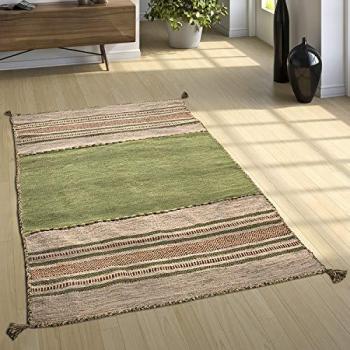 Alfombra Kilim Tejida a Mano 100% Algodón Estampada Verde 200x290 cm