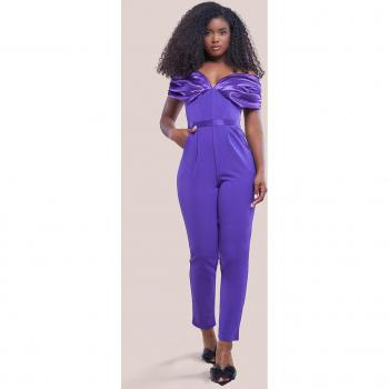 Goddiva Corset Bodice Scuba & Satin Bardot Jumpsuit - Purple - Size 12 UK