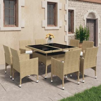 Set de muebles de jardín 9 piezas ratán sintético y vidrio beige