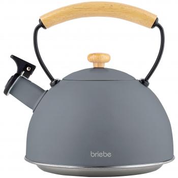 Tetera Silbante Briebe Nordic 2,3L de Acero Inoxidable, Inducción, Mango de Madera Tacto Frío, Gris