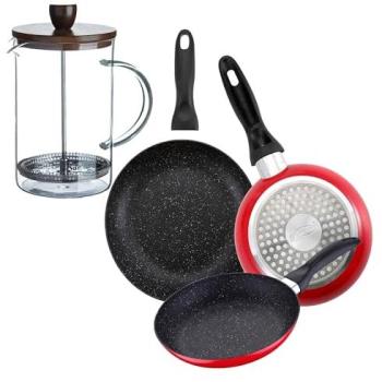 Set de 3 Sartenes San Ignacio con Revestimiento en Mármol Ø16 cm Ø20 cm Ø24 cm + Delantal de Cocina Gris Oscuro 100% Algodón 75x80cm