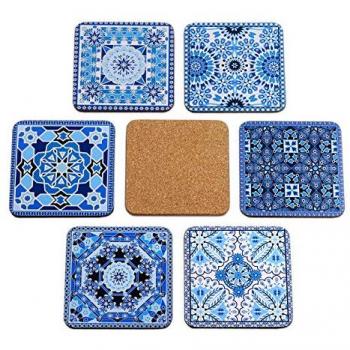 Set de 6 Posavasos Cuadrados Arabesque en Madera y Corcho para Copas, Tazas y Velas