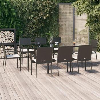 9-Piece Black Poly Rattan Garden Dining Set with Cushions
