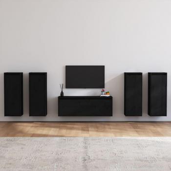 Muebles de soporte de TV 5 piezas de Madera de Pino Macizo Negro