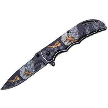 Navaja JKR Deportiva Táctica con Motivo Águila, Hoja de Acero Inoxidable de 9 cm, Largo Total de 20 cm, Cachas de Aluminio y Clip para Cinturón