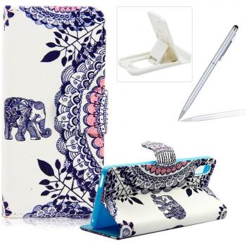 Sony Xperia M4/M4 Aqua PU Cuero Billetera Funda Flip Carcasa,pintura de la cáscara colorido diseño de la carpeta con TPU suave interior para Sony Xperia M4/M4 Aqua,Herzzer Alta calidad [Elefante de la flor Patrón] Cubierta de la caja Funda protectora d