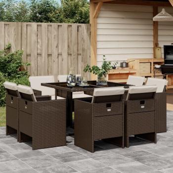 9-Piece Brown Poly Rattan Garden Dining Set with Cushions